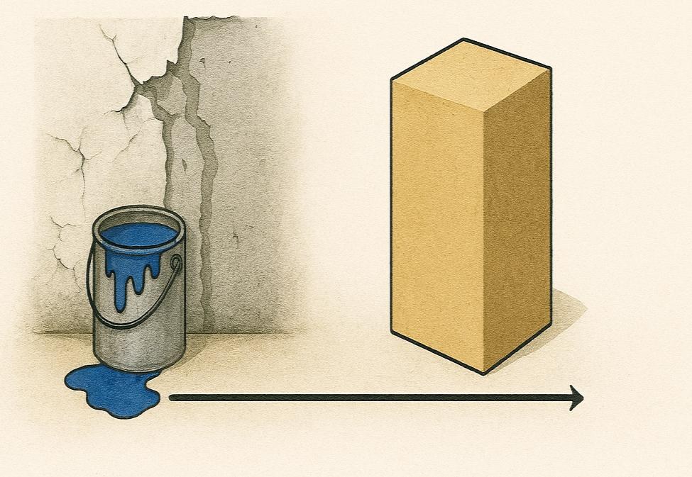 Illustrasjon: maling slår sprekker og renner av en vegg, mens et massivt Covershield-element står helt og solid